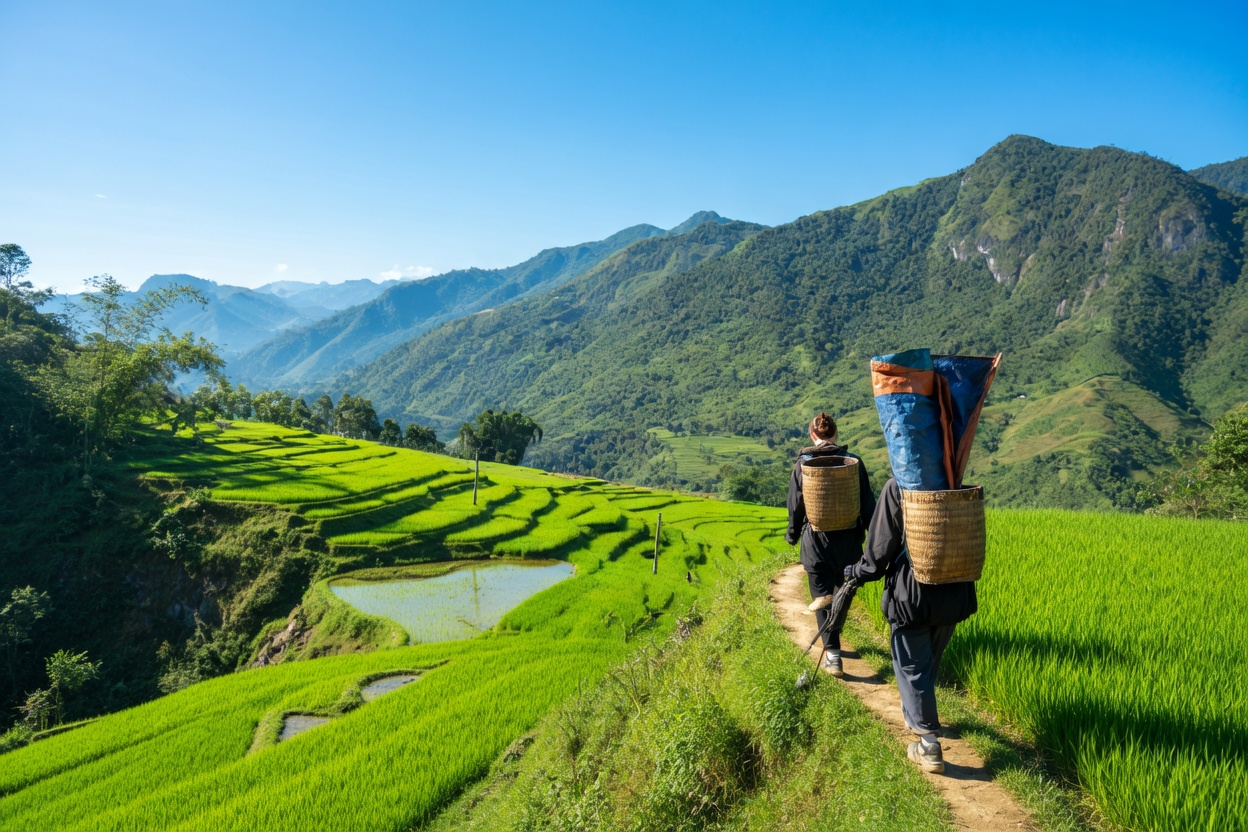Terraced rice fields cascading down mountainsides in Sapa Vietnam